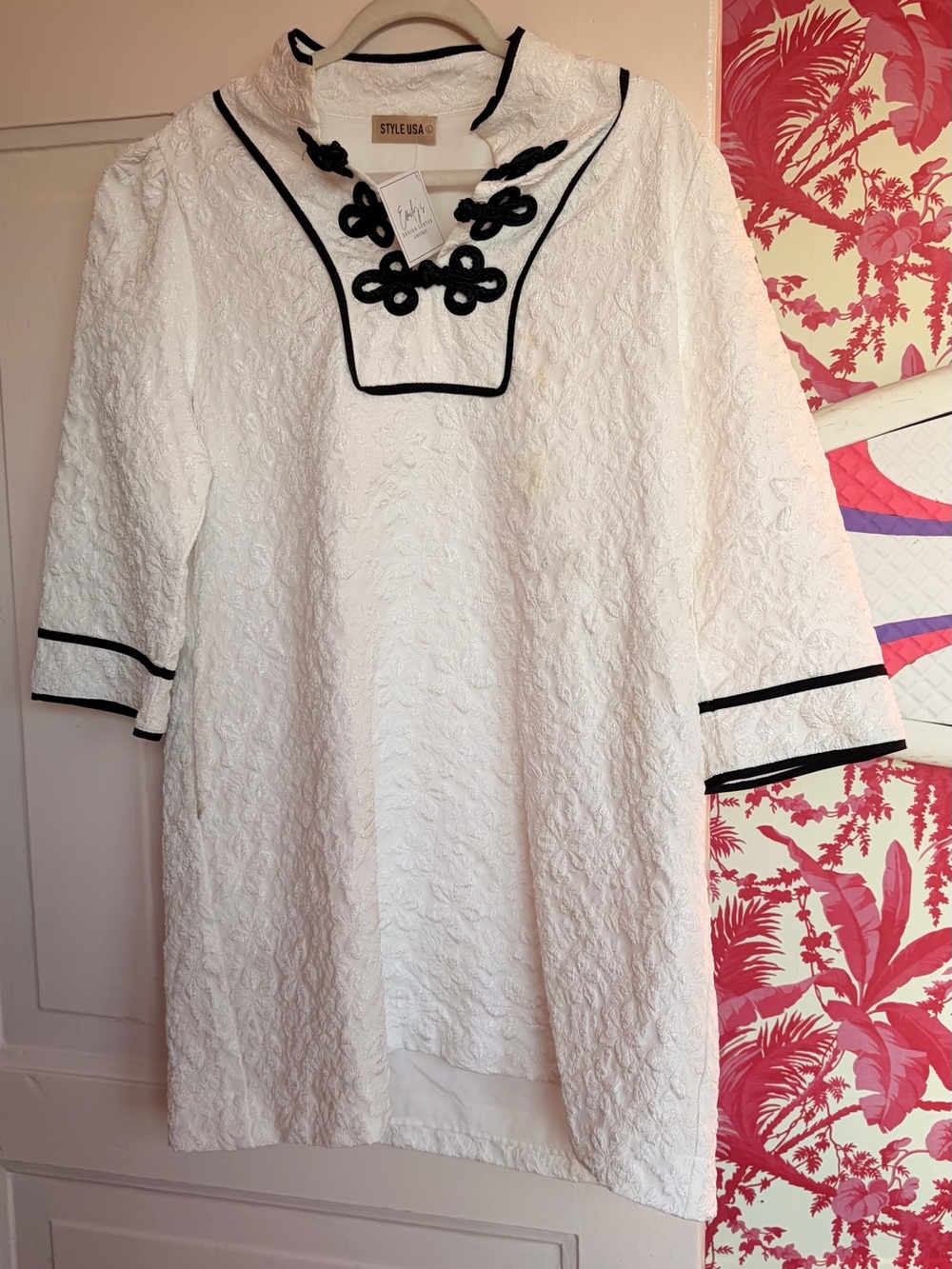 White Textured Midi Dress with Black Trim